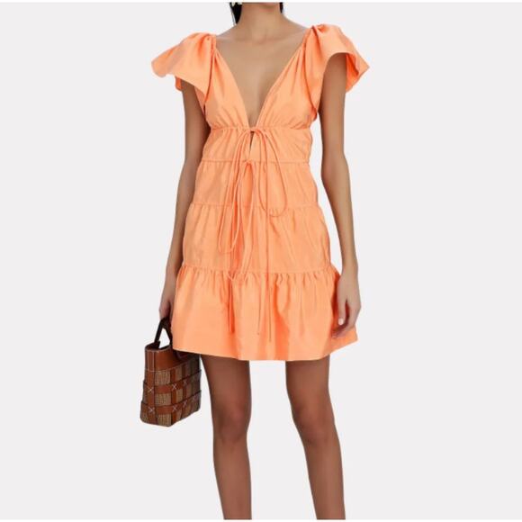 A.L.C. Lucca Coral Ruffle Tiered Mini Dress With Plunge Neckline Size 2 - Picture 1 of 11